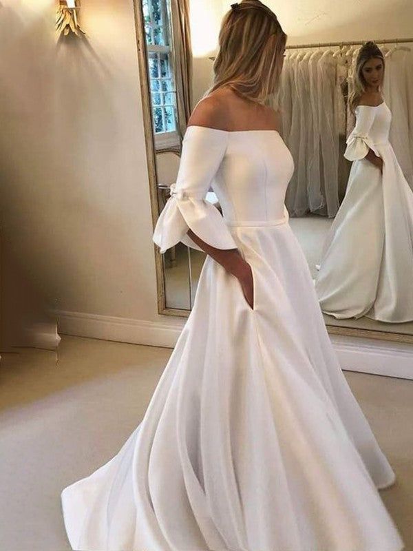 Elegant Off-Shoulder Satin Wedding Dress with Bow       fg6426