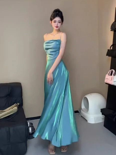 Spaghetti Straps Blue Sheath Long Prom Dresses Homecoming Dress      fg6074