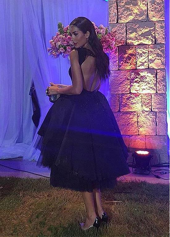 A-Line Black Tulle Backless Knee Length Homecoming Dress    fg6131