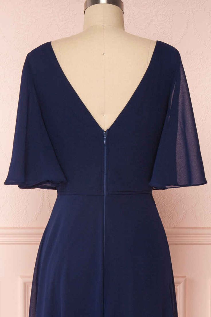 Navy Blue Chiffon V-Neck Ruffled Sleeve Long Bridesmaid Dress           fg6390