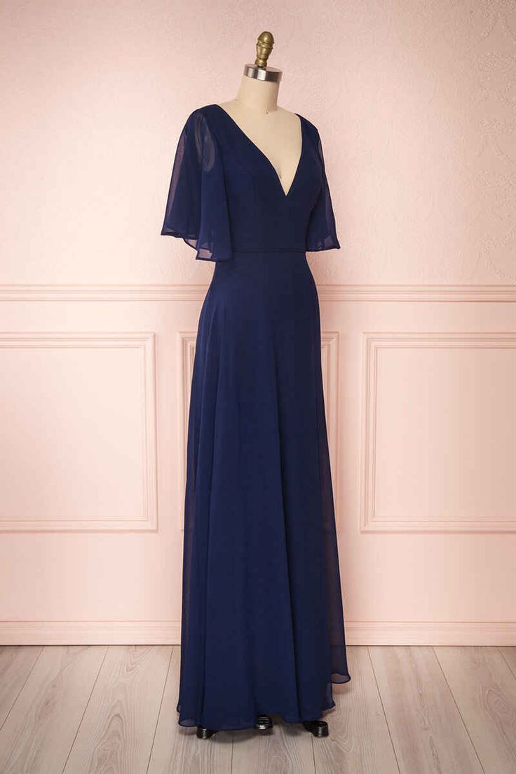 Navy Blue Chiffon V-Neck Ruffled Sleeve Long Bridesmaid Dress           fg6390