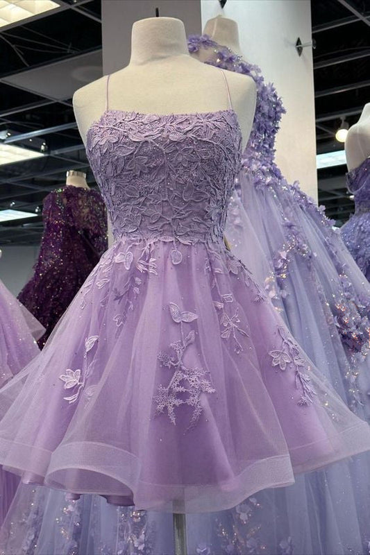 Light  Purple Straps Tulle with Lace Party Dress, Light Purple Homecoming Dress     fg6037