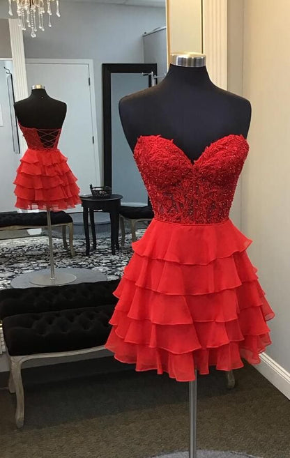 Red Lace Short Homecoming Dress with Chiffon Ruffle Skirt       fg6006