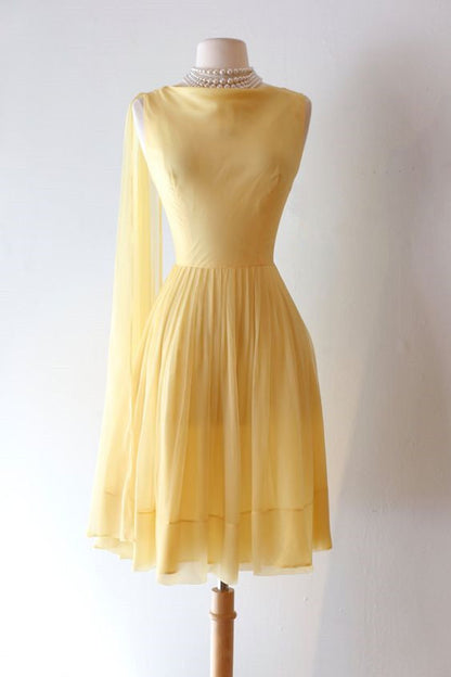 Chiffon Party Dress Vintage 60s Pale Yellow Cocktail Dress With Trailing Shoulder Sash      fg5623