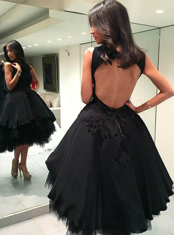 A-Line Black Tulle Backless Knee Length Homecoming Dress    fg6131