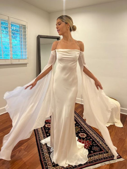 Wedding Dresses Soft Satin Long Floor Length Open Back Simple Bridal Gown With Detachable Flare Sleeves       fg6409