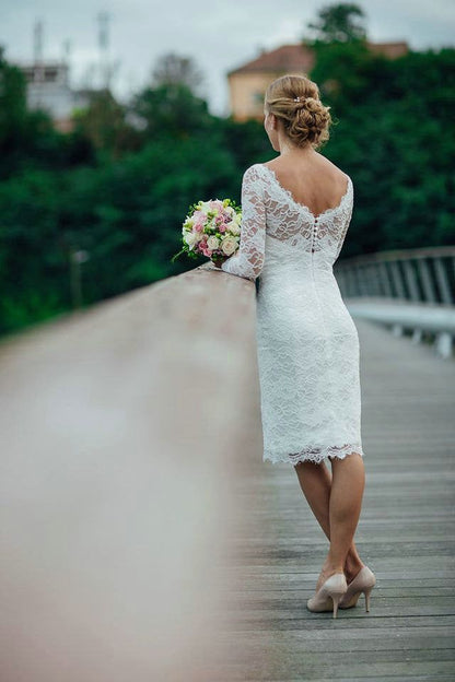 Long Sleeve Lace Short Fitted Wedding Dress    fg5995