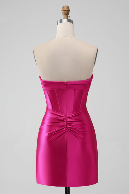 Hot Pink Bodycon Sweetheart Satin Corset Short Homecoming Dress