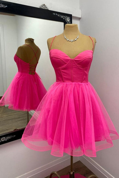 Hot Pink Corset A-line Short Princess Dress  Homecoming Dress Short Party Dress   fg5715