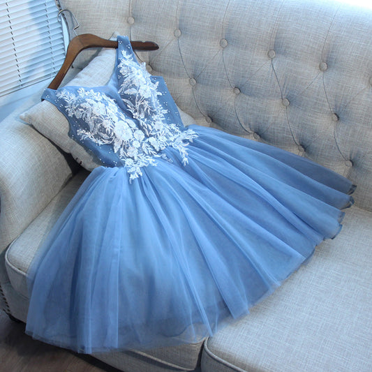 LTP0630,Blue v-neck mini prom dress tulle applique beaded homecoming dresses