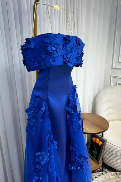 edgynewlook Chic Royal Blue SatinOff the Shoulder Strapless Long Prom Dress with Flowers