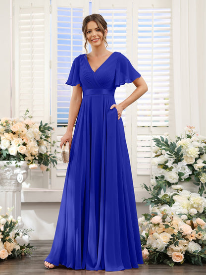 A-Line/Princess V-Neck Short Sleeves Chiffon Bridesmaid Dresses with Pockets