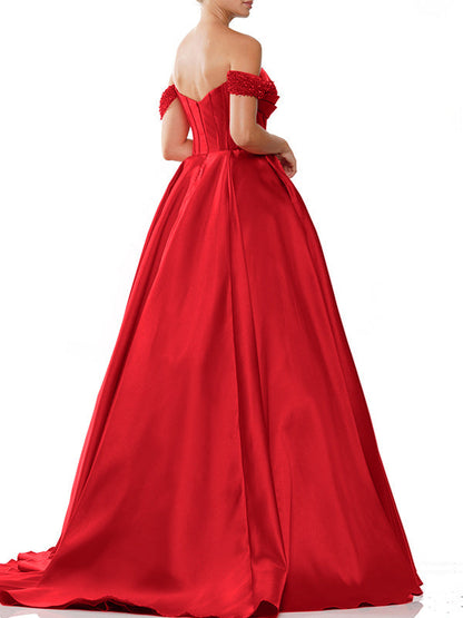 A-Line/Princess Off-The-Shoulder Sleeveless Sweep Train Satin Evening Dresses