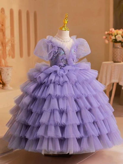 Ball Gown Short Sleeves Multi-Layered Tulle Girl Party Dresses with Appliques