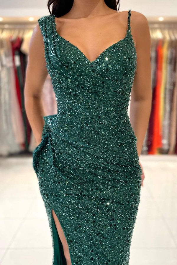 Green Prom Dress Spaghetti Strap With Split Pleated Sequins ED0613