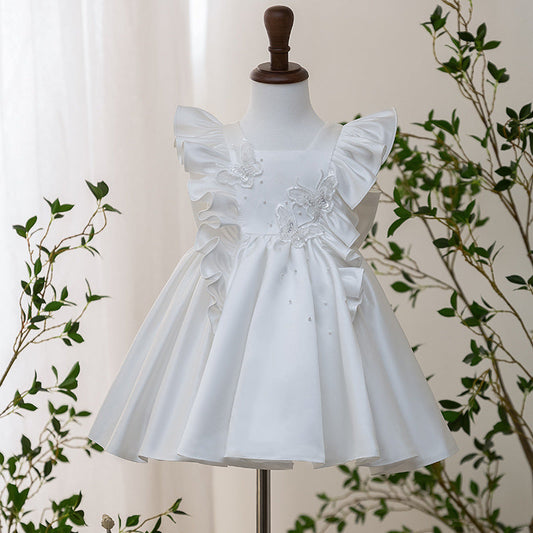 Knee Length Ruffled Sleeves Square Neck Baby Flower Girl Dresses with Bow