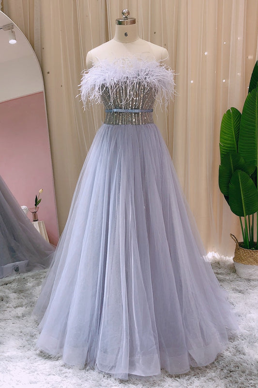 Edgynewlook Amazing A Line Strapless Prom Dress Tulle With Feathers Appliques