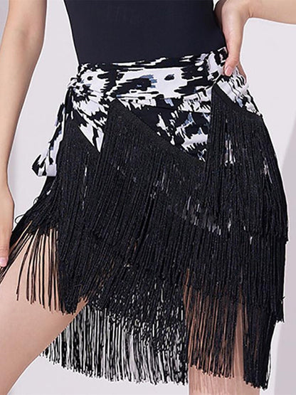 Women's Latin Dance Ballroom Dance Skirts Printing Tassel Pure Color Women's Performance High Polyester