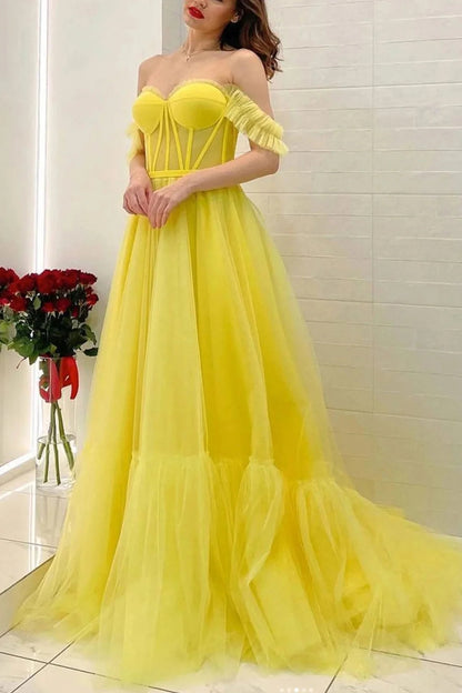 Lexie | A Line Off the Shoulder Yellow Corset Prom Dress