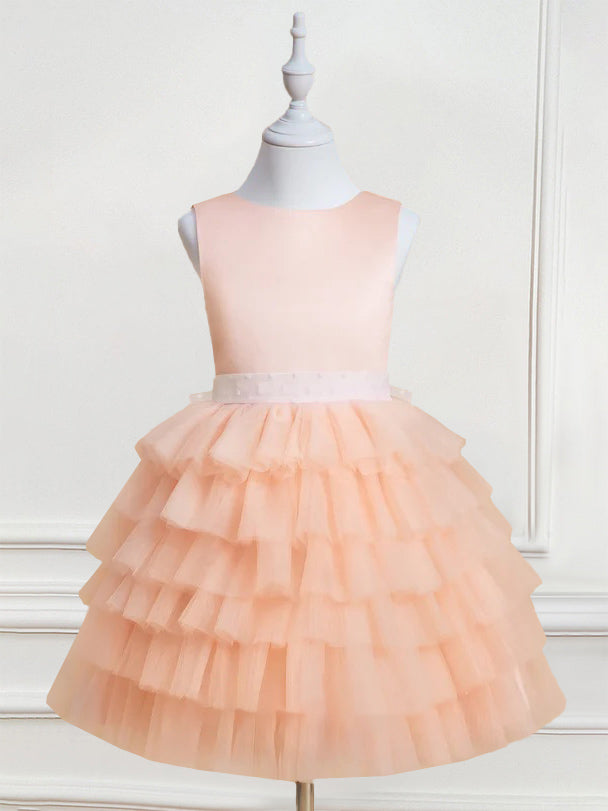 Ball-Gown Round Neck Sleeveless Knee-Length Flower Girl Dress with Ruffles & Bowknot