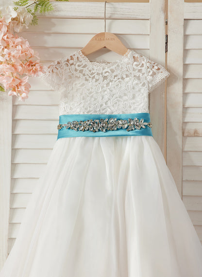 A-line Lace Organza Ankle-length Ivory Flower Girl Dress