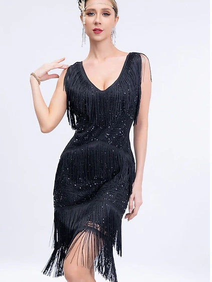 Sheath/Column V-Neck Sleeveless Knee-Length Vintage Dress with Sequins &Tassel Fringe