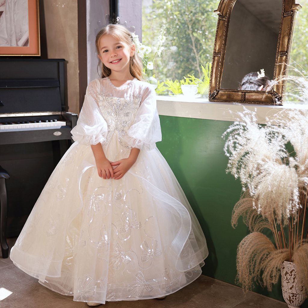 A-Line/Princess 3/4 Sleeves Lace Flower Girl Party Dress with Rhinestone Appliques