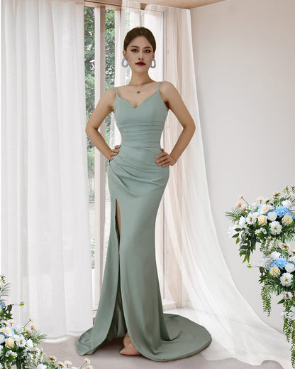 Seafoam Green Prom Dress Spaghetti Strap With Pleated Slit YX00014