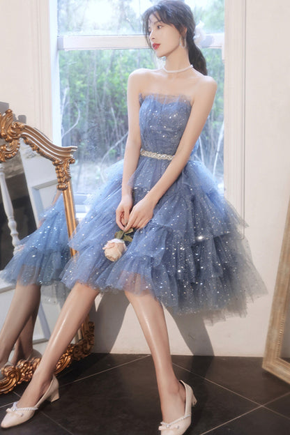 Blue tulle sequins short prom dress party dress  8676