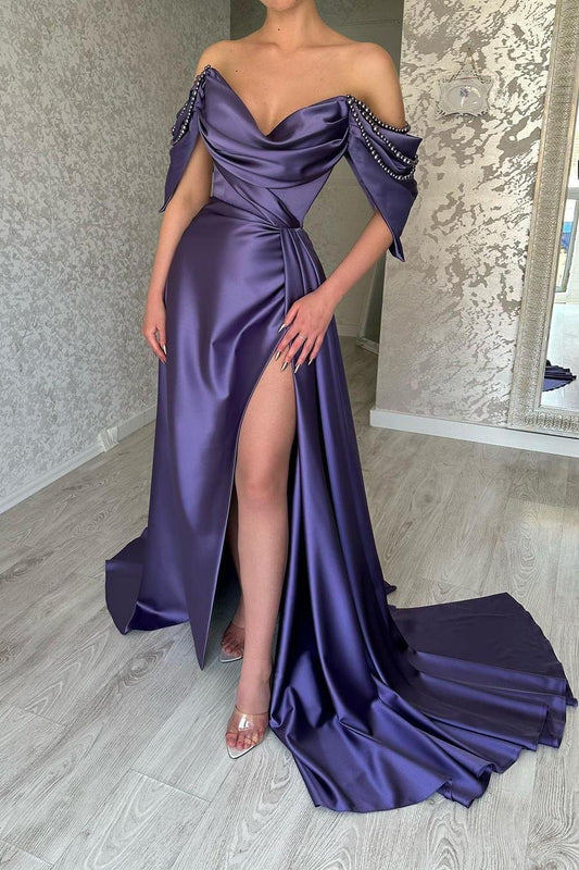 edgynewlook Amazing Satin Regency Off the Shoulder Strapless Pleated Split Prom Dress with Beadings