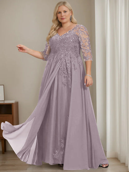 A-Line/Princess V-Neck Half Sleeves Floor-Length Plus Size Mother of the Bride Dresses with Sequins