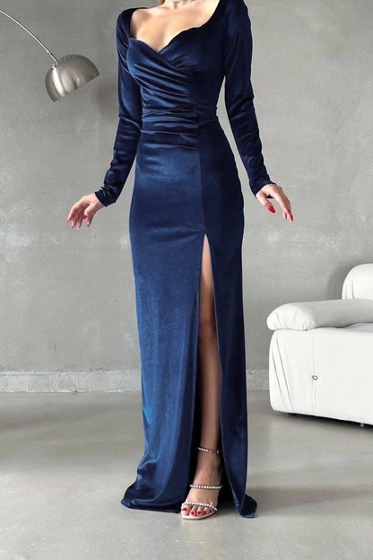 edgynewlook Stunning Regency Velvet Long Sleeves V Neck Long Prom Dress with High Split