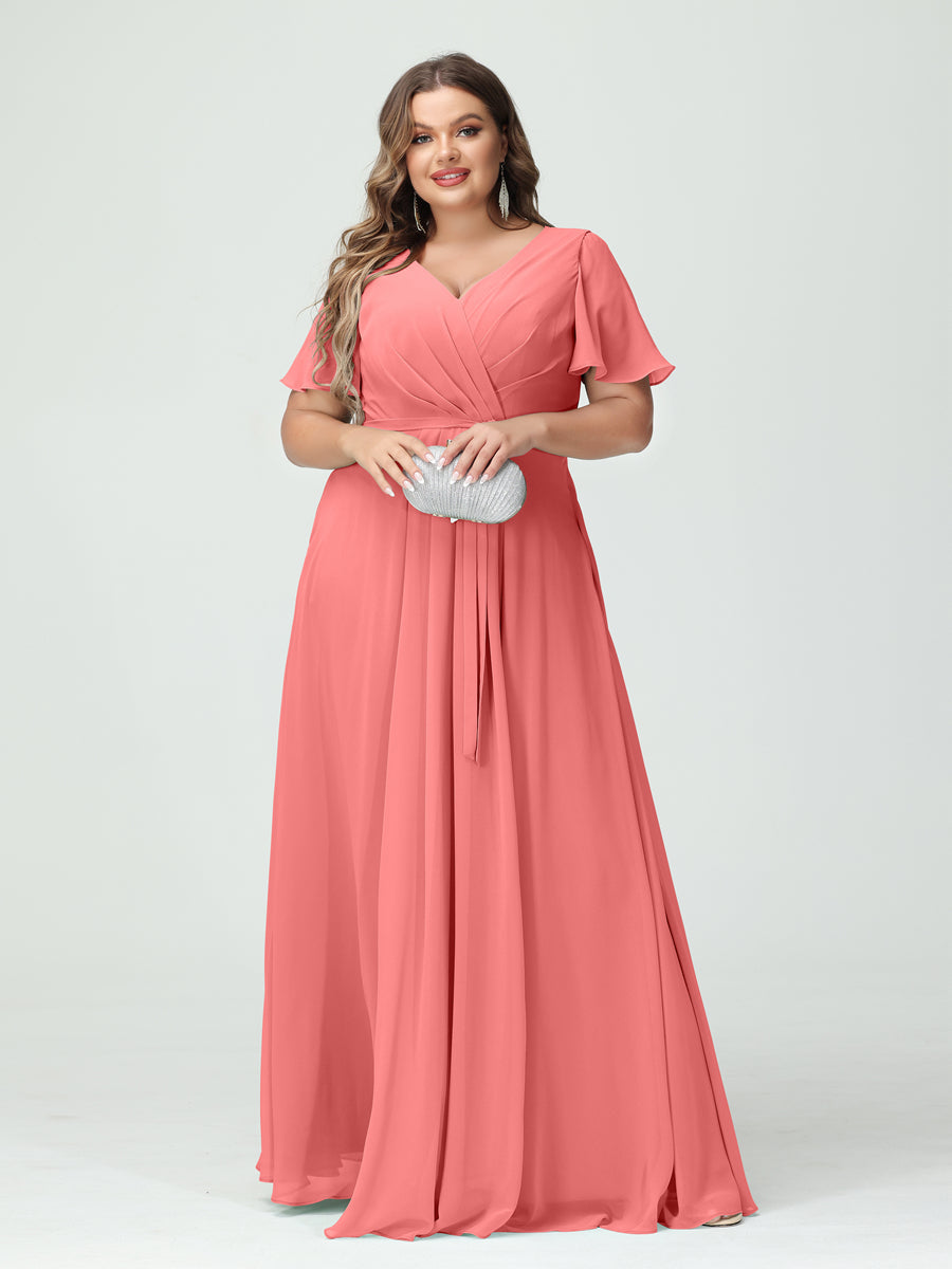 A-Line/Princess V-Neck Short Sleeves Plus Size Bridesmaid Dresses with Pockets Belt & Split Side