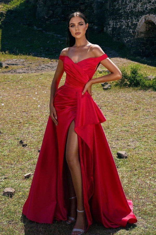 edgynewlook Red Off-the-shoulder  Strapless Sleeveless Split A-line Prom Dress