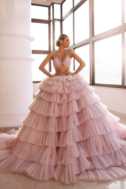 Luxurious Pink Deep V-Neck Sleeveless Prom Dress Tulle Layered With Crystal  ED0231