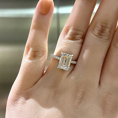 White Gold Sterling Silver Emerald Cut Women's Ring Valentine's Day Engagement Wedding Jewelry