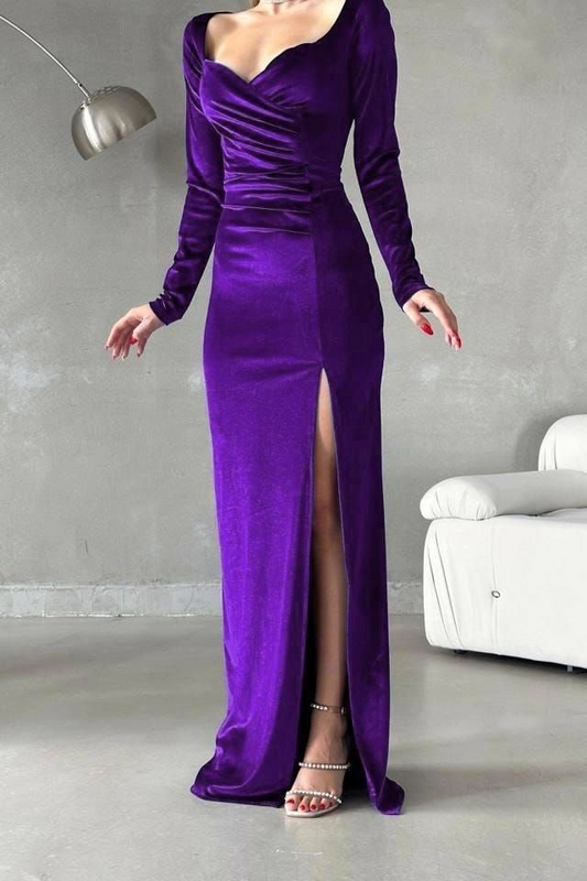 edgynewlook Stunning Regency Velvet Long Sleeves V Neck Long Prom Dress with High Split