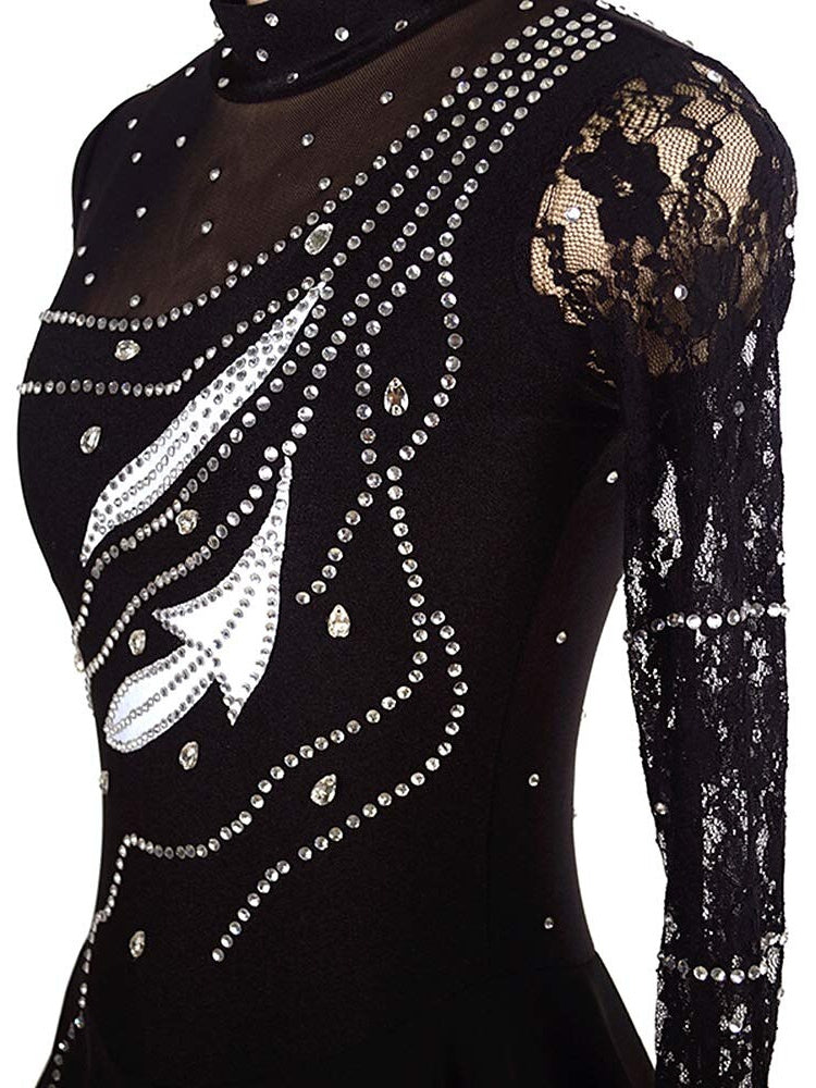 Figure Skating Dress Women's Girls' Dancewear  Black Stretchy Crystal/Rhinestone Long Sleeve Ice Skating Dress