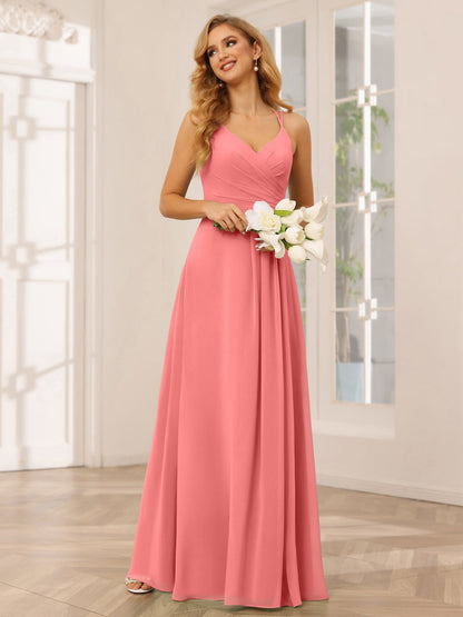 A-Line/Princess V-Neck Sleeveless Floor-Length Bridesmaid Dresses with Ruffles