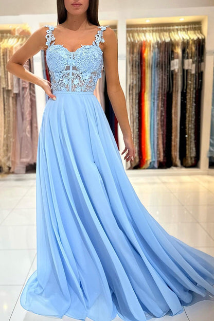 Baby Blue Sweetheart A Line Lace Long Prom Dress With Slit YL0034