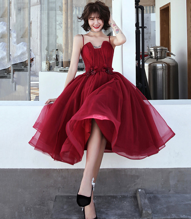 Burgundy tulle short prom dress cocktail dress  8410