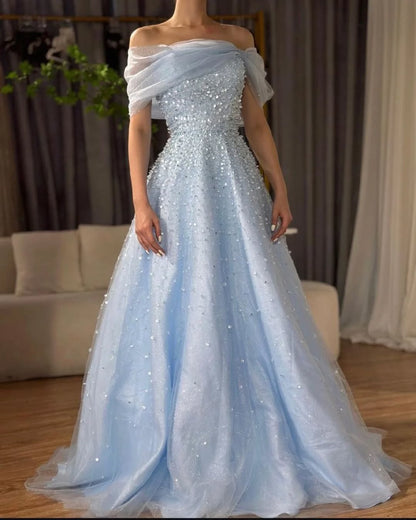 Sky Blue Off-The-Shoulder Sequins A-Line Prom Dress ZT0550