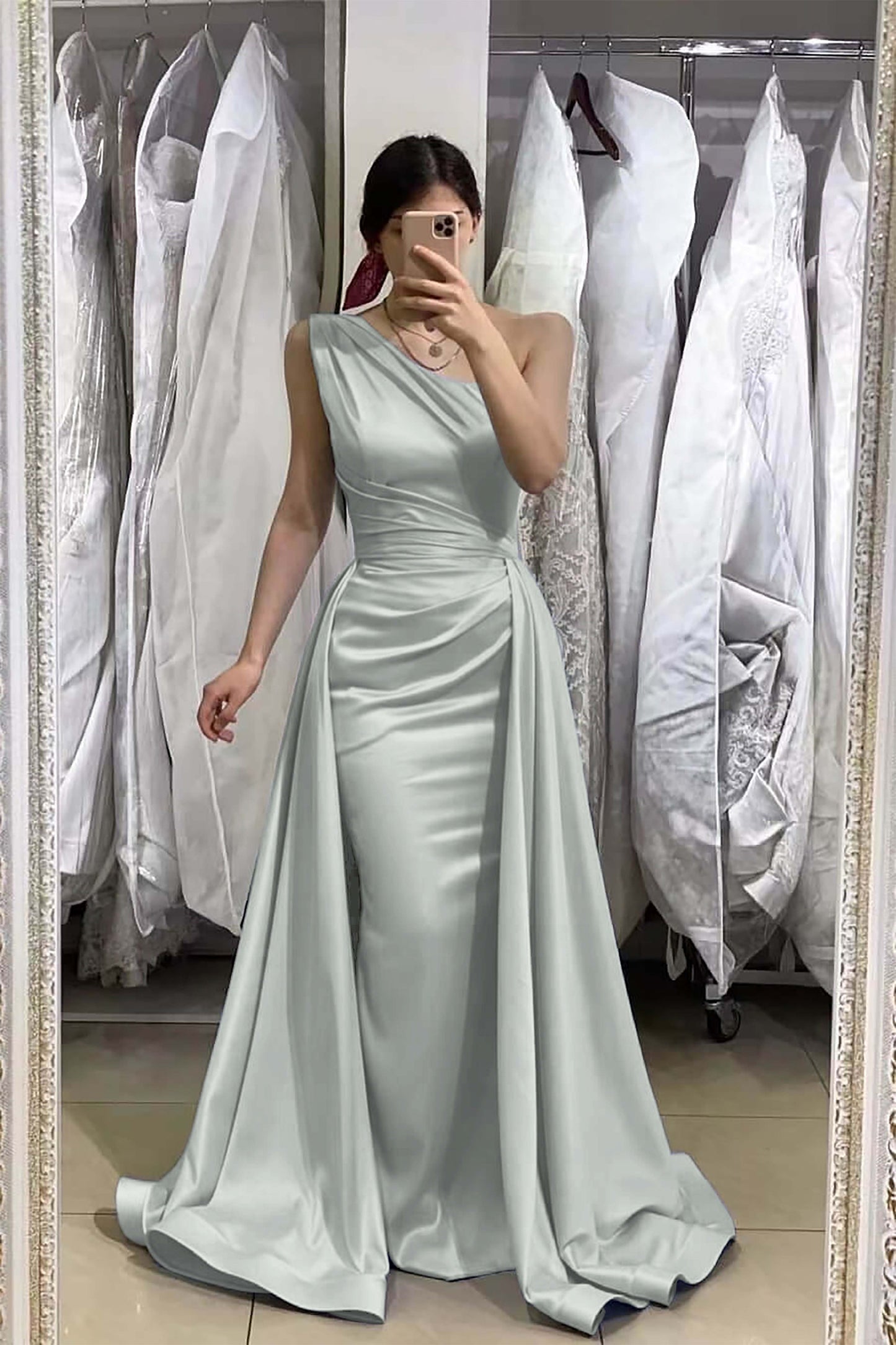 Light Blue One-Shoulder Sleeveless Long Mermaid Prom Dress With Detachable Skirt ED0208