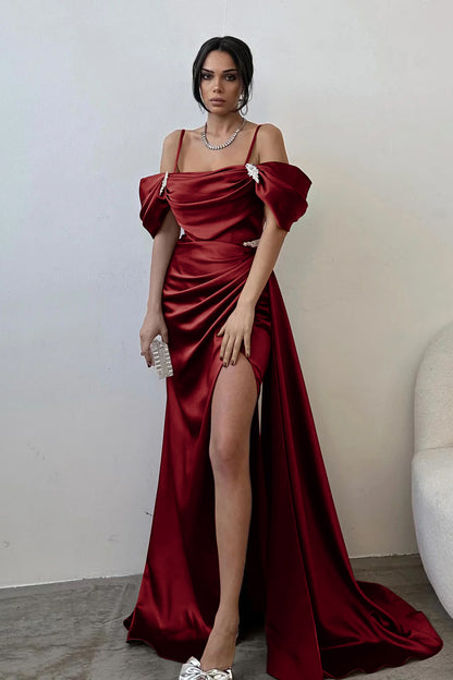 edgynewlook Exquisite Satin Spaghtti Strap Off the Shoulder Long Split Prom Dress with Beadings