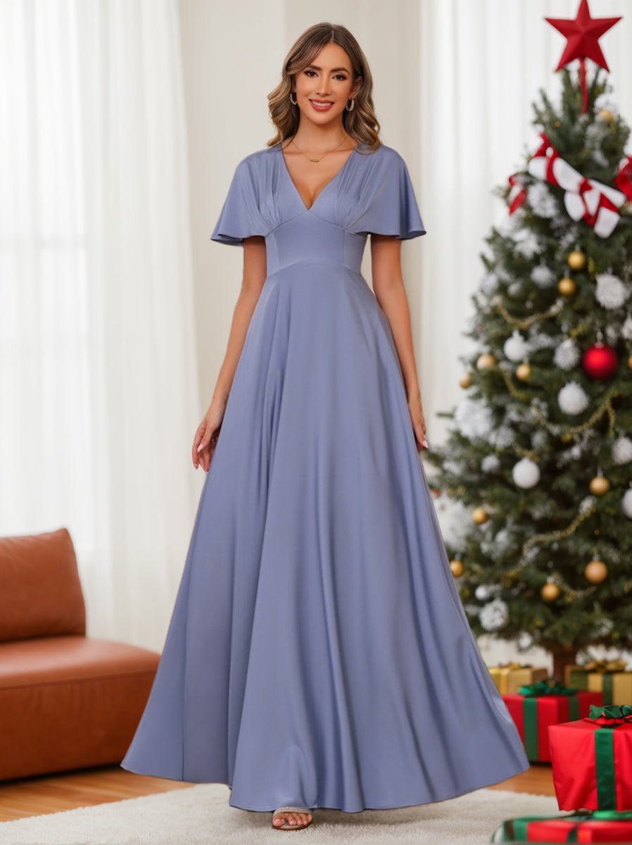 A-Line/Princess V-Neck Short Sleeves Floor-Length Mother of the Bride long Dresses with Ruffles