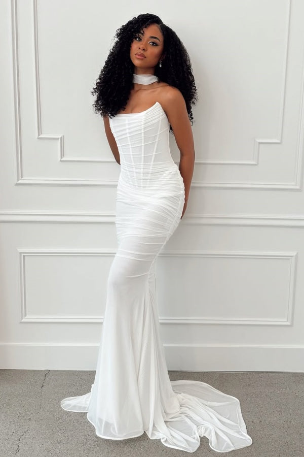 White Elegant Strapless Summer Mermaid Long Prom Dress ZT0595