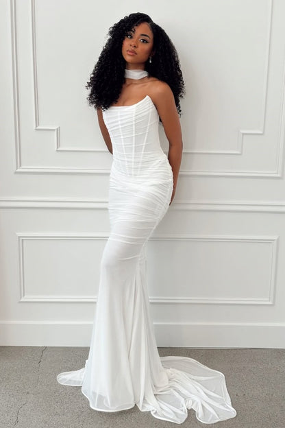 White Elegant Strapless Summer Mermaid Long Prom Dress ZT0595