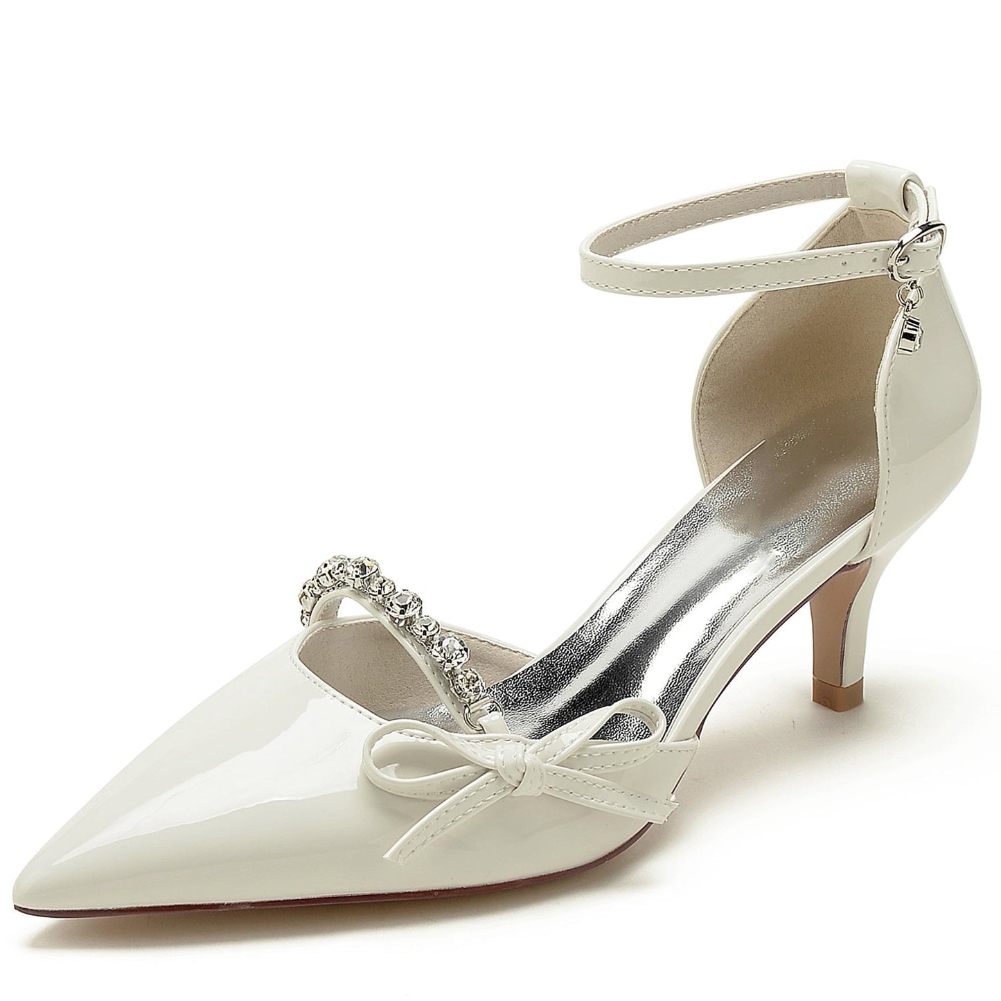 Women's Wedding Shoes Patent Leather Rhinestone Bow Mid Pointed Toe Bridal Shoes