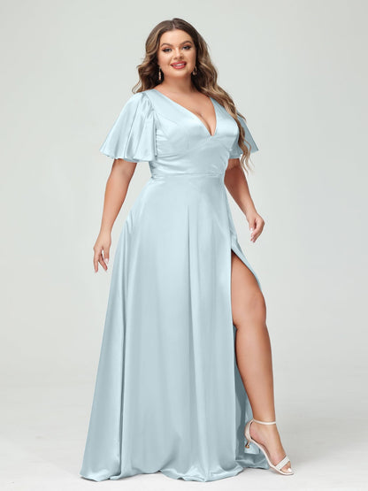 A-Line V-Neck Half Sleeves Silk Satin Plus Size Bridesmaid Dresses with Pockets