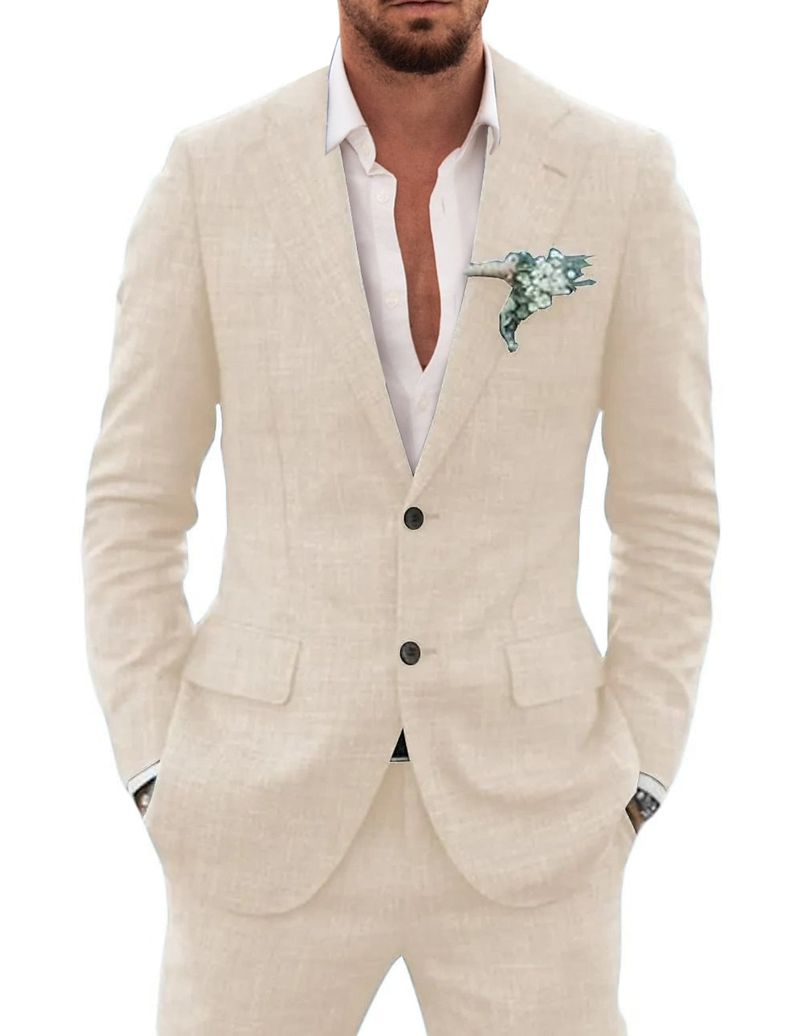 Men's Tailored Fit Single Breasted Two-buttons 2 Pieces Solid Colored Linen Suits